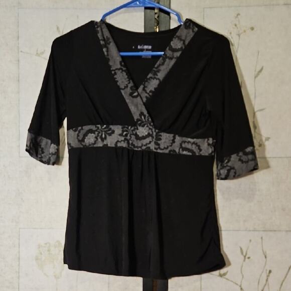 Source Unknown Tops - Black Blouse with Wrap Style and Short Sleeves